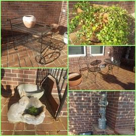 Iron tea cart, wrought iron table and chairs, concrete and large pots. 