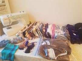 Janome sewing machine, fabric, & fur pieces