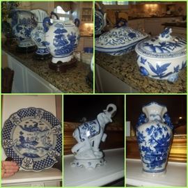 Blue & white collection of vases, serving pieces, and décor 
