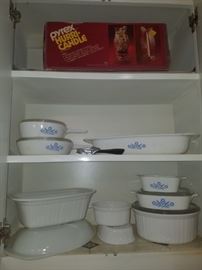 Corning ware including Cornflower Blue, French White. Pyrex Hurri-candle