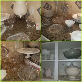 serving pieces including milk glass cake plate, juice/drink server, soup tureen, crystal etched cake plate/dome, crystal etched pitcher & glasses, & more. 