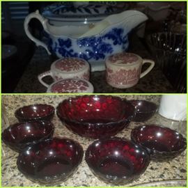 Ruby red Bubble by Anchor Hocking bowls, Pink Willow salt/pepper shakers, Flow Blue gravy boat
