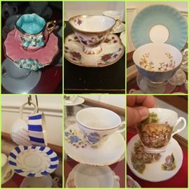 Cup/saucer collection including Majolica, Occupied Japan, Aynsley England, Staffordshire England, and more