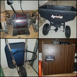 Bench grinder, wheel barrow, pull-behind seed spreader, mini-fridge Hotpoint refrigerator