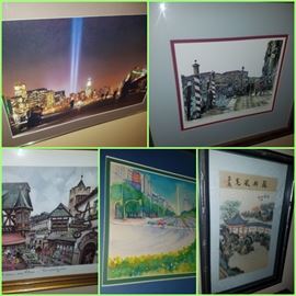 Framed art including signed prints, originals, and framed photography/postcards. New York City skyline, & much more.