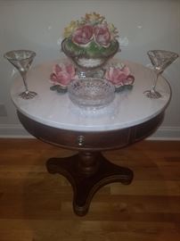 Round accent table, Capodimonte centerpiece & pair of candle holders, martini glasses, & more.