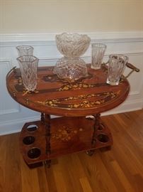Italian inlay Marquetry tea cart, crystal & cut glass
