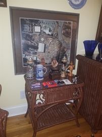 Large framed aerial photo of Warner Robins Air Force Base Air & Space Museum, Wicker end table with drawer & glass top, musical stein collection, political memorabilia, & more. 