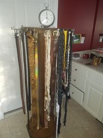 Spinning belt rack, clock, & vast selection of belts (men & women)