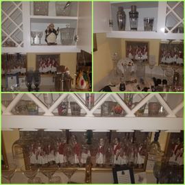 wet bar items including crystal ice buckets, glasses, shot glasses, decanters, framed art, & more.