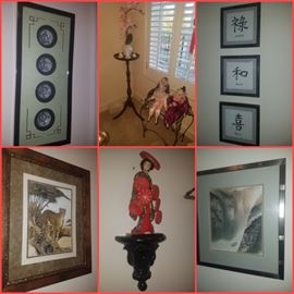 Asian décor including framed rice bowls, framed prints, dolls, & more. Plant stand & shelf. 