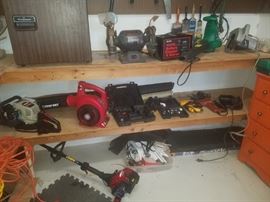 Blowers, weed eater, hedge trimmer, bench grinder, battery charger, mini-fridge, & more. 
