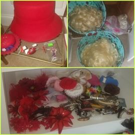 Red Hat Society, wigs & hat box, various hair bows & clips.