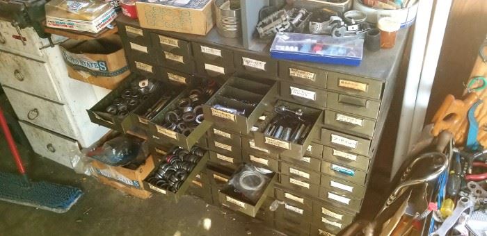 Cabinets full of bicycle repair parts