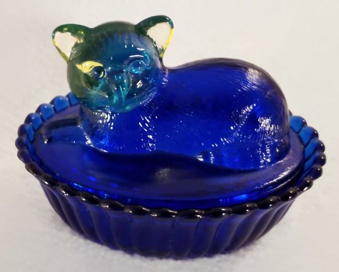 Westmoreland Blue Glass Cat on Nest