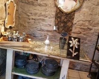 antique metal cart, with glass top, metal wheels, VERY heavy, stamped Fredericks of Baltimore