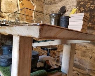 antique metal cart, with glass top, metal wheels, VERY heavy, stamped Fredericks of Baltimore