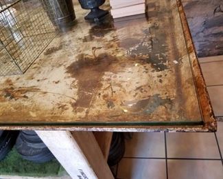 antique metal cart, with glass top, metal wheels, VERY heavy, stamped Fredericks of Baltimore