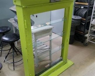 large antique wood display piece, w/ glass shelves.  Came from front of a church