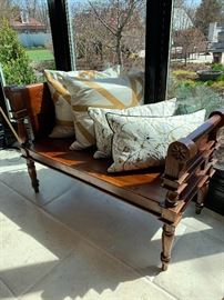 Custom throw pillows, wooden carved antique bench