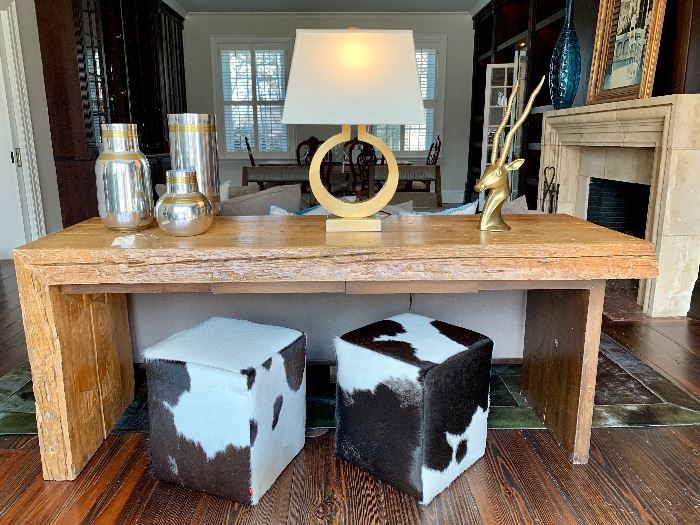 Visual Comfort brass Ring Form Lamp, GUS cowhide stools, Raw Edge solid wood console table 75W x 25.5D x 30H