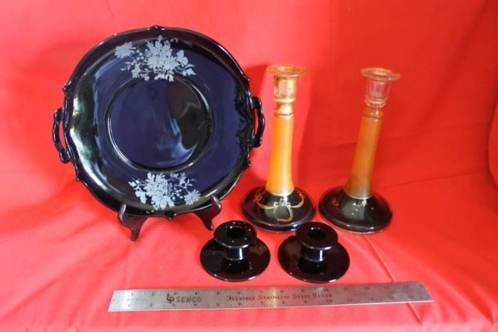 BlackPurple Glass Lot with Beautiful Plate and 2 ...