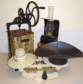 Dazey Butter Churn, Cast Iron Balance Scale, Lantern