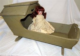 Hooded Doll Cradle In Old Paint