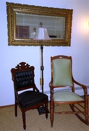 Ornate Gold Gilt Wall Mirror, Parlor Chair & Rocker, Floor Lamp