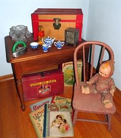 Children's Items, Walnut Table, Bow Back Chair, Doll Trunk, Dolls
