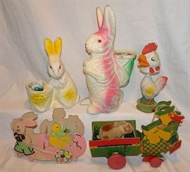 Paper Mache Rabbit & Rooster Bobble Head Candy Containers, Vintage Dye Cut Easter Wagons