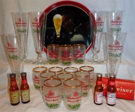 Anheuser Busch Tin Advertising Tray, Budweiser Glasses, Bottle Salt & Pepper Shakers