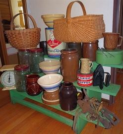 Country Primitives, Old Baskets, Stoneware, Mixing Bowls, Tins, Scale.