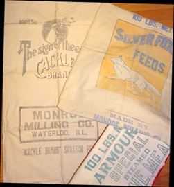 Old Advertising Feed Sacks Incl. Monroe Milling Co. Waterloo, IL, Silver Fox Feeds