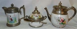 Decorated Granite & Pewter Butter Dish, Tea Pots