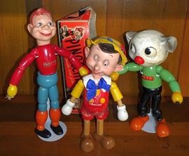 Pinocchio, Howdy Doody & Pete Wooden Jointed Dolls