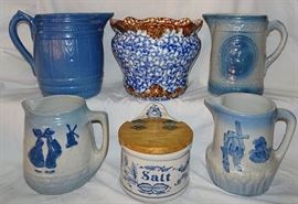 Blue & White Stoneware, Roseville Jardinière, Blue Onion Salt Box