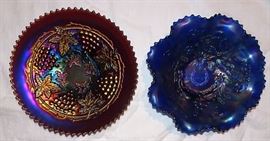 Carnival Glass "Grape & Cable" Plate, Electric Blue "Good Luck" Bowl