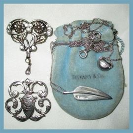  2 Tiffany Sterling Necklaces, Art Nouveau Pin and 
 Sterling Brooch 