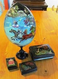 Russian trinket boxes and large, painted egg