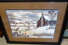 Watercolor by John Richardson, 15 x 22, winter scene with birds