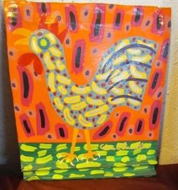 Chicken with orange background, painted on roofing metal, by Chris E. Lewallen