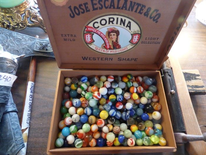 Vintage marbles. Two boxes and a bag.