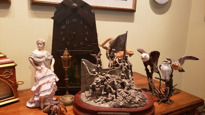 Gilbert Mission Oak Clock/early 1900's..porcelain birds...antiq cigarette lighter...more