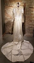 Vintage Ivory Satin Wedding Gown and Headpiece