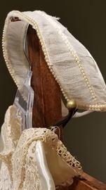 Vintage Ivory Satin Wedding Gown Net and Pearl Head Cap