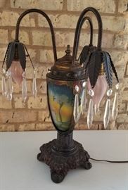 Vintage Reverse Painted Table Lamp with Prisms