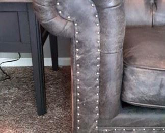 Bernhardt Gray Leather nail-head trim tufted extra long sofa