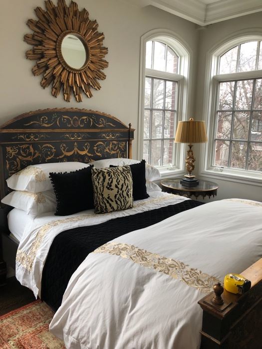 Stunning Ebanista queen bed - $1300                    Mattress - $200                                                                      Bedside Manor bedding - coverlet by Ann Gish and Sferra bedsheets  (sleeping pillows not included) - $500   Mirror - $400   View Less