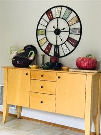 Crate & Barrel Sideboard, Fitz & Floyd Tureens, William and Sonoma Bowls, Pottery Candlesticks, Steampunk wall clock